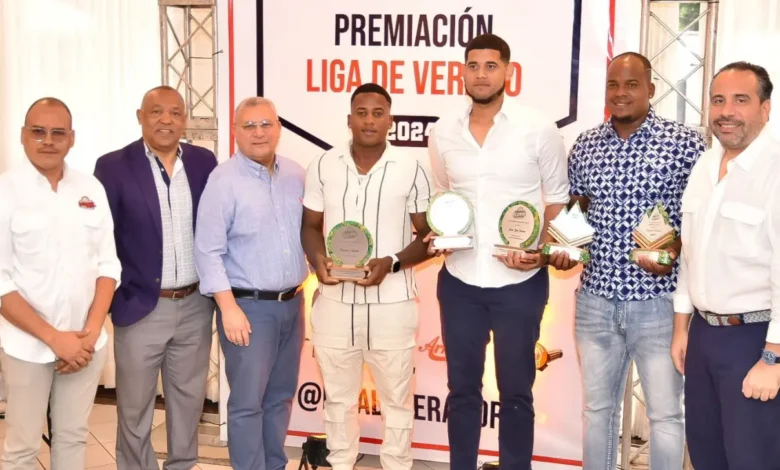 Desde la izquierda, Eliu Reyes, Juan Núñez, Guarocuya Cabral, Francisco Fajardo, Jean Luis García, Luis Peña y Alberto Rodríguez en la premiación de la Liga de Béisbol de Verano.